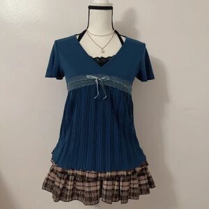 Blue Pleated Top with Plaid Skirt